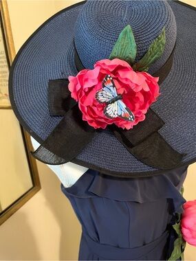 Elegant Navy Wide-Brim Hat with Pink Floral & Butterfly Accent